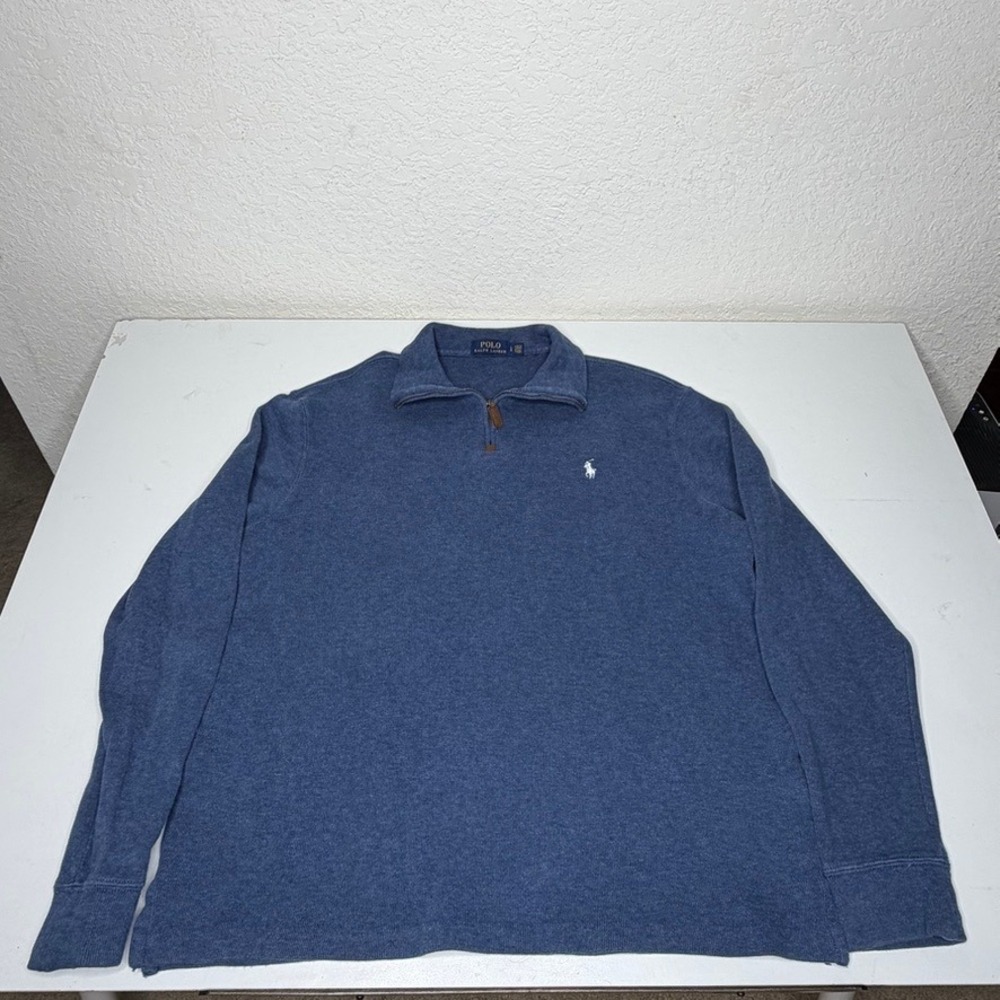 Polo Ralph Lauren Mens Large Blue Cotton Quarter Zip Pullover Sweater Heathered